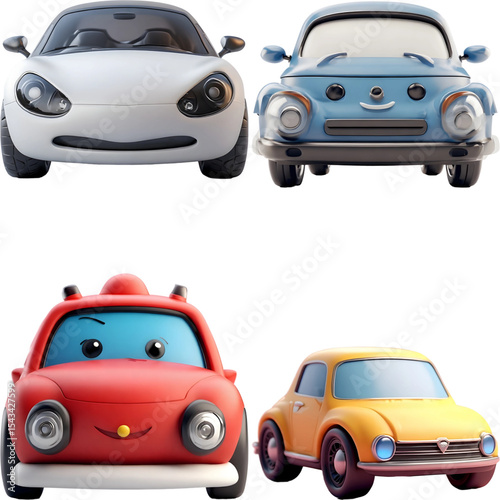 Set of Diverse Cartoon Cars with Expressive Faces 3D Renders