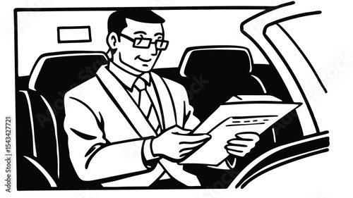 Man in a suit sitting in a car with a clipboard looking at the document with a smile on his face inside