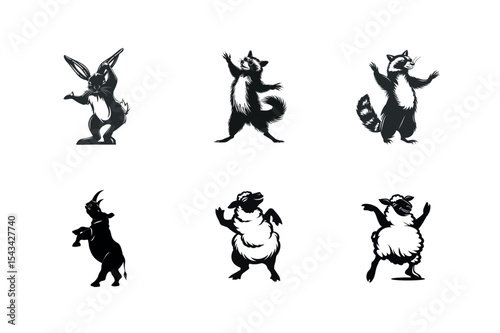 Six adorable animals dancing silhouettes