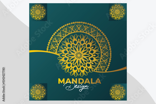 Luxury geometric gold gradient dark green mandala background. Design for any card, birthday, other holiday, kaleidoscope, yoga, folk.