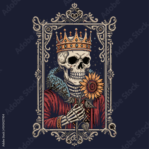 Intricate skeleton wearing regal crown and ornate robes in rich artistic style