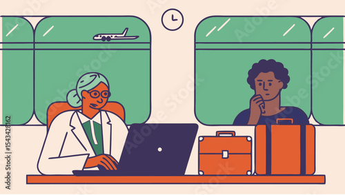 Woman working on laptop while traveling by train with a view of an airplane and another passenger