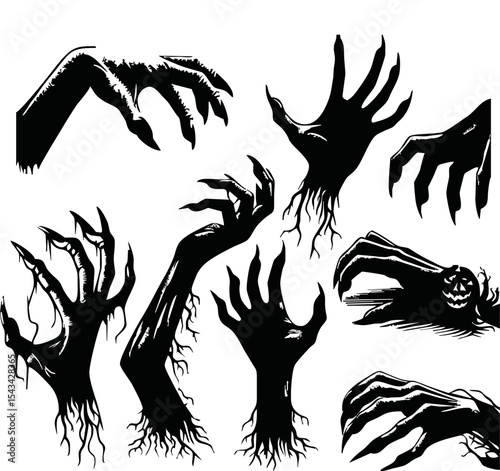 Scary human or zombie hand from the ground silhouette icon set. hand Halloween decorative element. Vector illustration