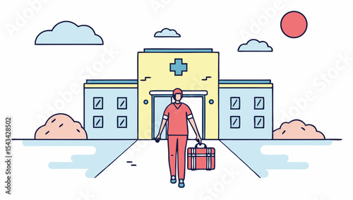 Doctor arrives at the hospital carrying a medical bag under a sunny sky with fluffy clouds in the horizon