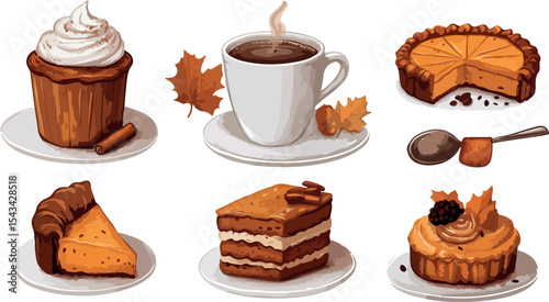 Collection of Autumn Desserts featuring Pumpkin Pie Cake Cupcake and a Hot Drink all arranged with Fall Leaves on a White Background Vector Illustration