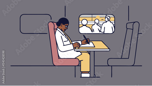 Woman in white coat writing at table on train with window view of people in the background scene inside