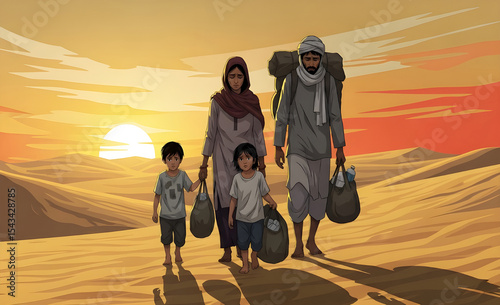 Refugee Family Walking Through Desert at Sunset | Illustration of Desperate Migrants Seeking Asylum, Facing Hardship