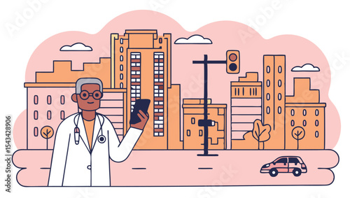 A doctor in a white coat holding a smartphone stands on a street with city buildings in the background
