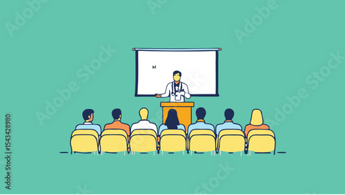 Doctor giving a presentation to an audience in a conference room with a screen behind him showing text