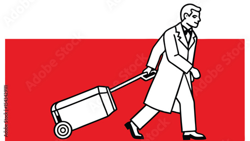 Man in coat pulling rolling suitcase on red and white background illustration style image art