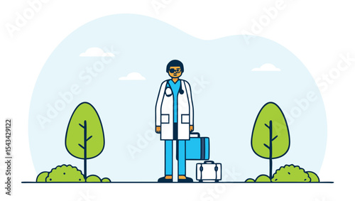 Illustration of a doctor standing with two suitcases in a park like setting on a sunny day time