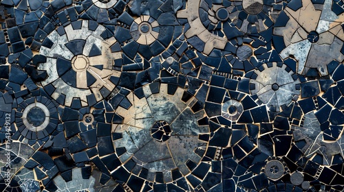 Black and white mosaic of clock gears.