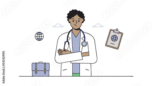 Illustration of a confident doctor with a stethoscope and folded arms standing in a clinic setting