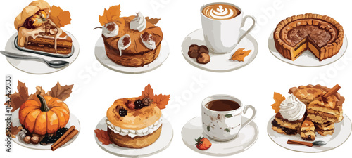 Festive Fall Dessert Collection An array of autumn themed treats including pumpkin pie layered cakes coffee and seasonal decorations perfect for Thanksgiving or autumnal celebrations