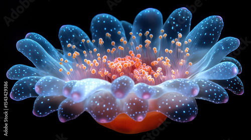 Close-up of a translucent, flower-like marine organism, glowing a vibrant mix of blues, pinks, and oranges.  Complex detail shows numerous small, highlighted features