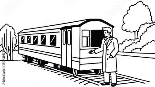 A man in a coat standing next to a train car on the tracks with trees in the background in black and white