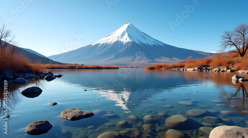 Serene mountain view with cold blue lake and leafless reddish trees best for landscape photography