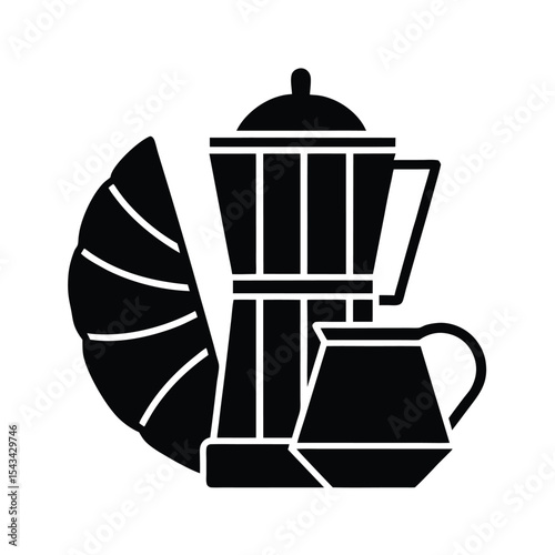 Coffee Cup, Pot, and Croissant Vector Illustration – Vintage Breakfast Design