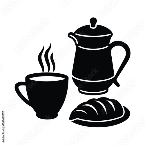 Coffee Cup, Pot, and Croissant Vector Illustration – Vintage Breakfast Design