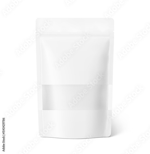 Pouch stand bag with transparent window mockup. Vector illustration isolated on white background. Easy to make a realistic mockup of your product. Ready for your design. EPS10.
