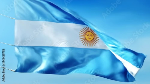 Argentina Flag Waving with Sun of May: National Symbol of South American Culture, Patriotism & Tango. 4K Video Footage.