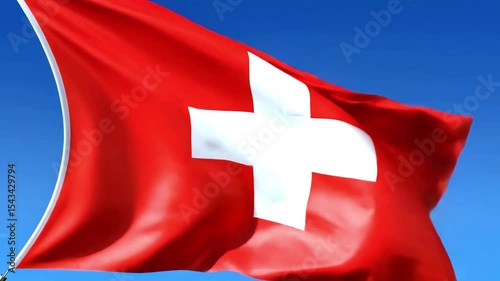 Waving Swiss flag against clear blue sky in sunlight, symbol of neutrality, peace, and European identity – ideal for politics, travel, and culture concepts. 4K Video Footage.

