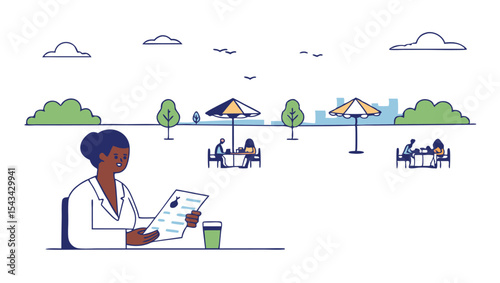 Woman reading menu at outdoor cafe with patrons under umbrellas and cityscape in the background scene