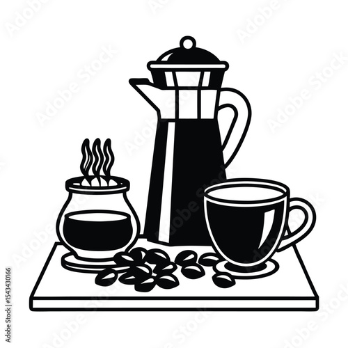 Coffee Cup, Pot, and Croissant Vector Illustration – Vintage Breakfast Design