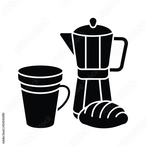 Coffee Cup, Pot, and Croissant Vector Illustration – Vintage Breakfast Design