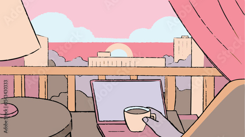 View from a balcony with a laptop, a coffee cup in hand, and a sunrise over city buildings seen