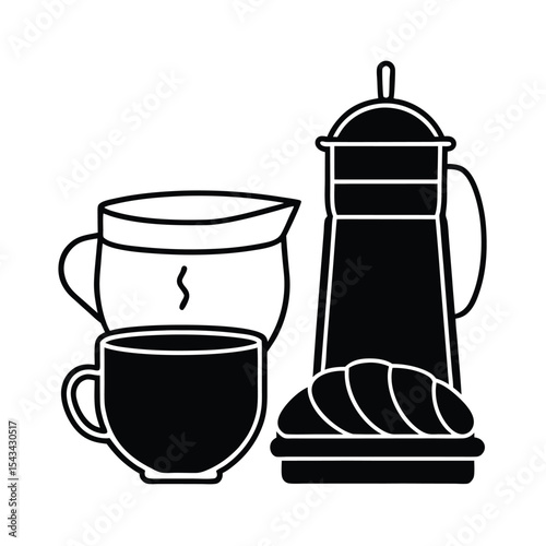 Coffee Cup, Pot, and Croissant Vector Illustration – Vintage Breakfast Design