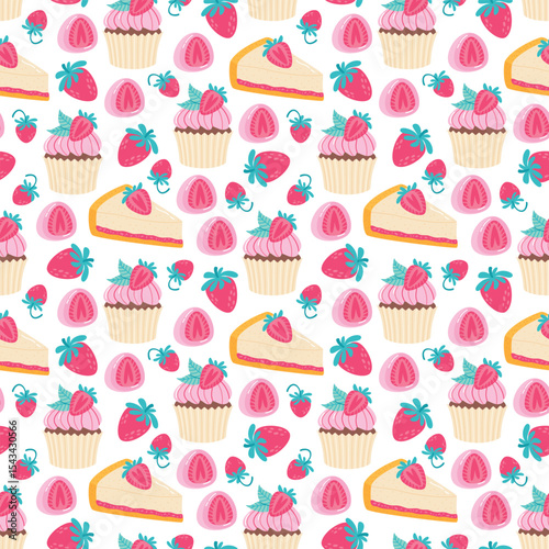 Sweet strawberry desserts and berry fruits seamless pattern. Slices of cheesecakes, cupcakes, mochi and berry fruits. Flat style vector illustration
