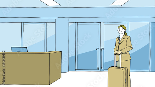 Woman with luggage stands near reception desk with glass door in a light blue toned interior space