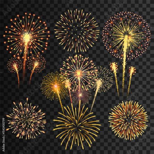 Bright golden fireworks bursts isolated on a transparent background, ideal for celebration and festive design elements. Vector illustration
