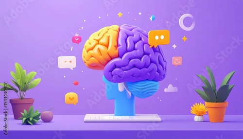 Creative Brainstorming: Colorful Brain with Icons, Plants and Head on Violet Background