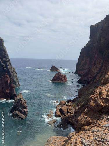 Breathtaking vertical shot of rugged coastline of Madeira Island, massive rock, and crashing ocean waves.