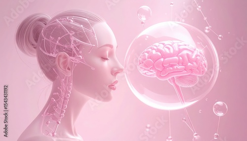 Brainpower Beauty: Abstract 3D Render of Woman with Brain in a Bubble