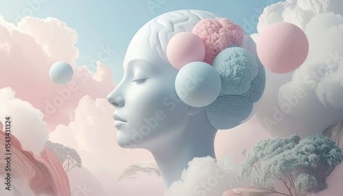 Serene Mind: Abstract Brain with Clouds and Sky
