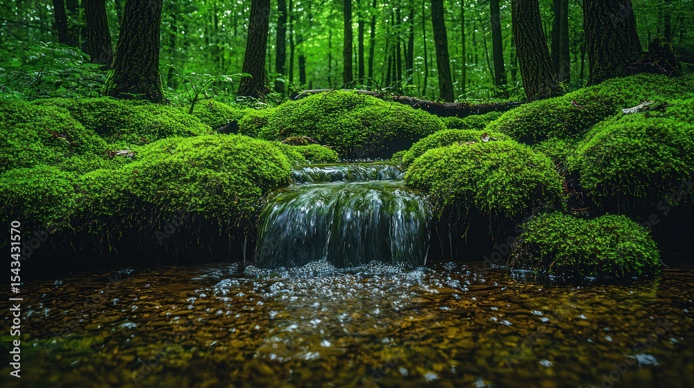Obraz premium Forest stream cascading over mossy rocks. Lush green moss blankets the forest floor