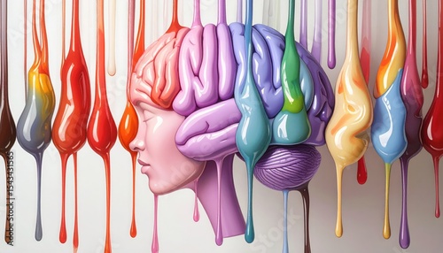 Melting Mind: Colorful Paint Drips and Artistic Brain Concept