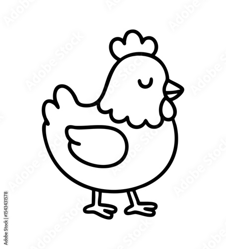 Charming, simple black outline vector illustration of a chicken. Perfect for farm themes, children's content, food packaging, or a friendly domestic animal graphic.