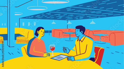 Illustration of two people at a table in a restaurant with wine and a document in bright colors