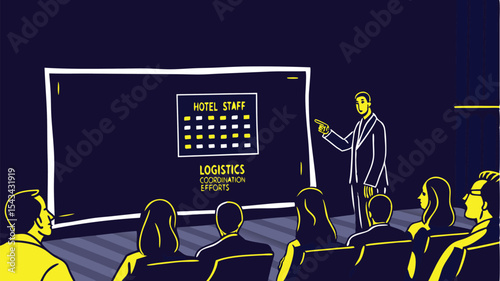 Presentation on hotel staff logistics coordination efforts with audience in dark blue and yellow colors