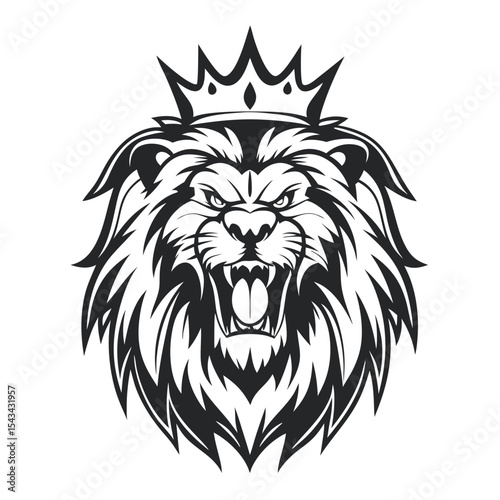 Lion Head Vector Illustration: Bold Graphic of an Aggressive Lion Wearing a Crown, Ideal for Logos, Esports, and Designs Requiring Regal Power & Majestic Imagery