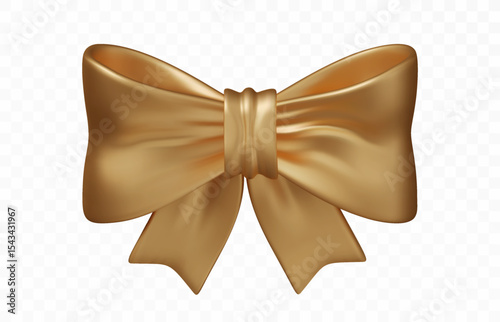 Realistic gold gift bow PNG. Decorative shiny ribbon element for presents, Christmas, New Year, or birthday design. Isolated vector illustration on background
