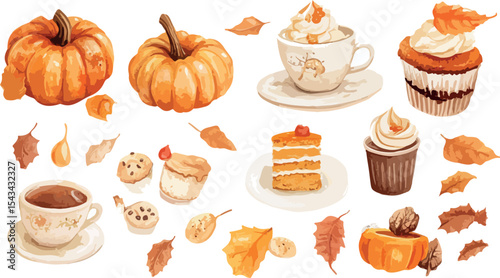 Watercolor Autumn Treats and Pumpkins Illustration A delightful collection of pumpkins cupcakes coffee and autumn leaves perfect for seasonal designs and festive celebrations vector illustration