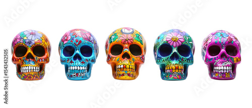 Pack Collection Colorful Sugar Skulls Dia de los Muertos Decor Mexican Holiday Calaveras set against transparent background