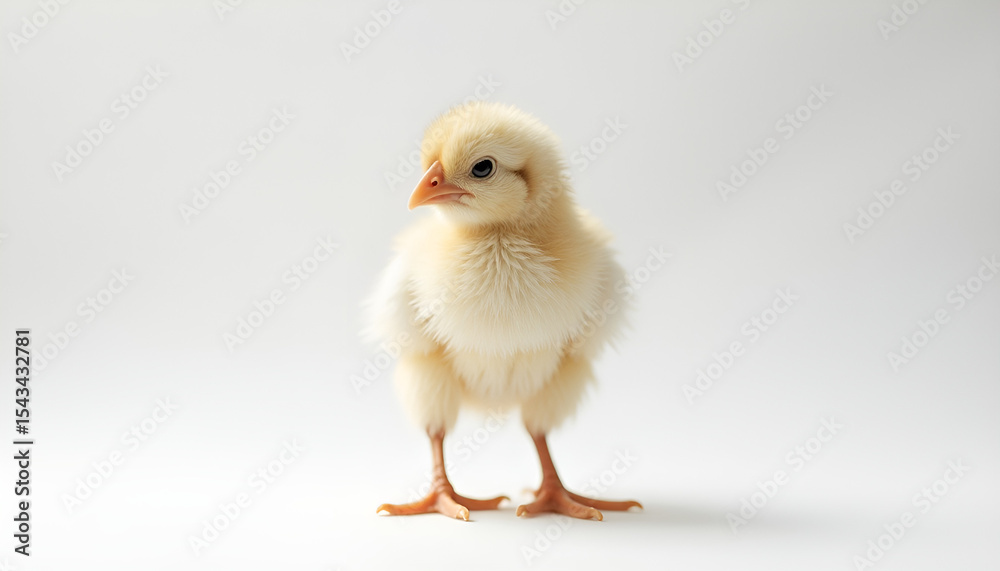 Fototapeta premium A fluffy yellow chick stands curiously on a white background, captured in a clean, minimalist style.