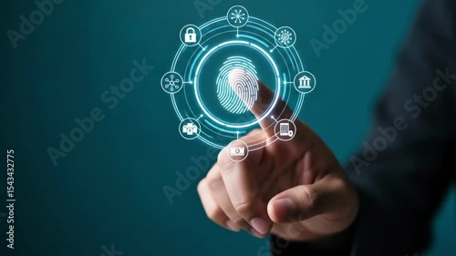 A mans finger touches a fingerprint icon on a digital screen, surrounded by security and technology icons, representing biometric authentication and data protection