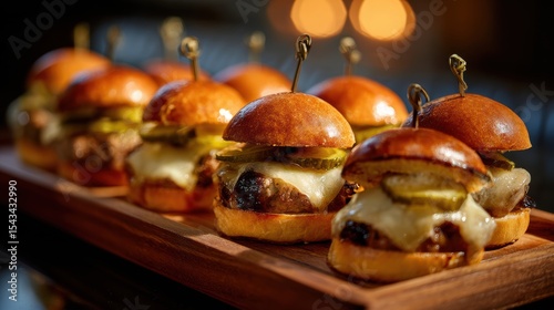 mini burgers with melted cheese on top, pickle slices, glossy slider buns